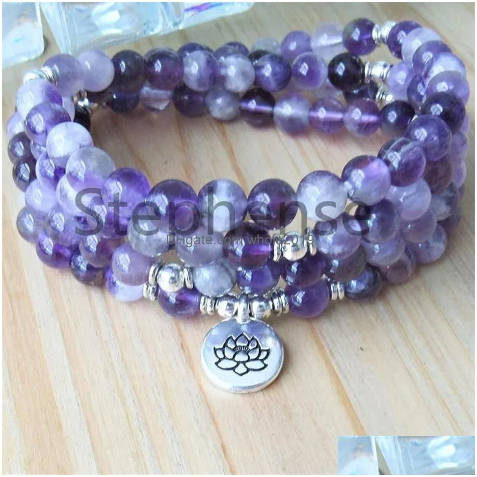 Beaded Mg0674 A Grade Dream Amethyst Womens 108 Mala Bracelet 4 Wrap Purple Crystal Energy Beads Natural Gemstone Lotus Drop Delivery Dhf4V