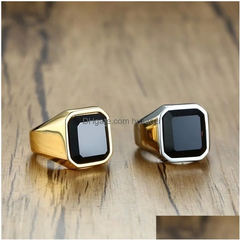 dignified black carnelian stainless steel golden square signet ring for men pinky rings male wealth and rich status jewelry156e