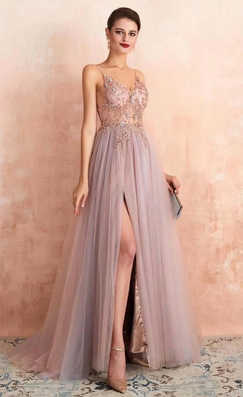 Modern A Line Tulle Prom Dresses Sexy Spaghetti Straps Front Slit Long Evening Party Gowns Open Back Bridesmaids Wears BC18028