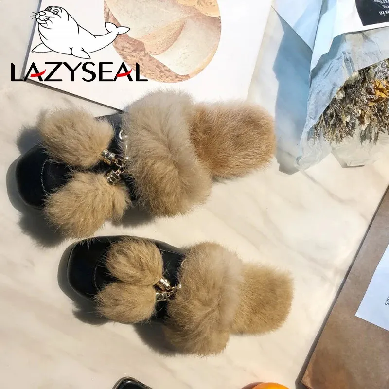 Slippers LazySeal Fur Women Slippers Metal Decoration Fringe Appliques Slides Winter 100% Real Rabbit Hair Shoes Woman Indoor Big Size 44 231219