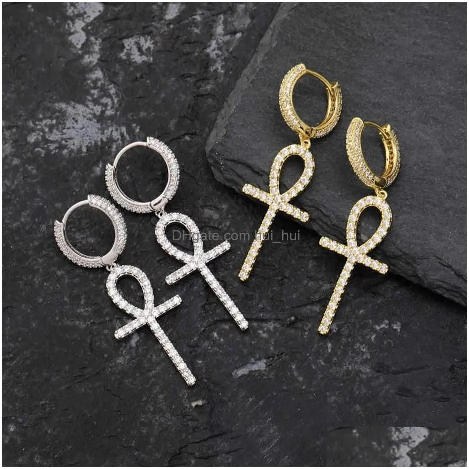 topgrillz iced zircon ankh cross earring gold silver color micro paved aaa bling cz stone earrings for man women hip hop jewelry 2318p