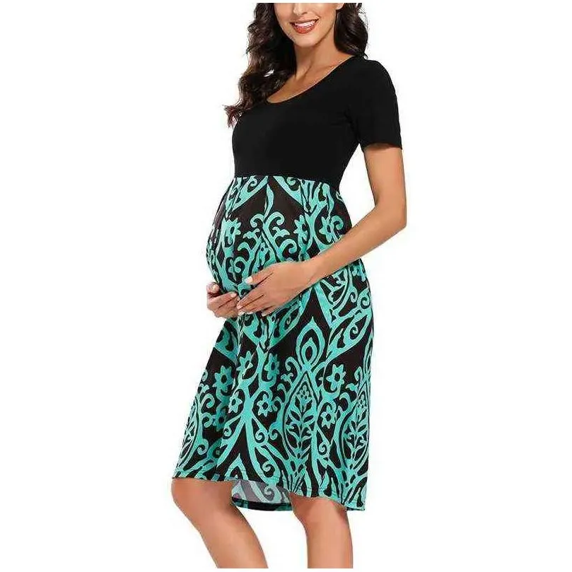 Women Short Sleeve Knee Length Maternity Dress Pregnancy Printting Pregnancy Clothes Mama Clothes A Line Casual Dress G220309