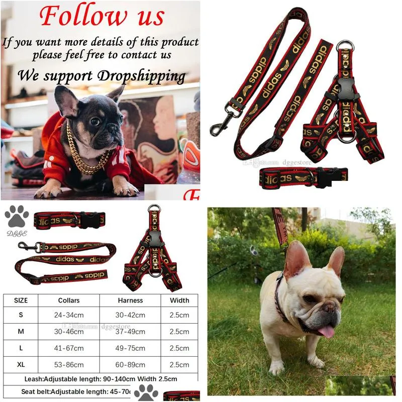 Dog Collar Leashes Set 2.5cm Luxury Leash Classic Bronzing Letter Pet Collars Nylon Car Seat Belts Designer Dog Harness for Small Medium Large Dogs Bulldog Poodle