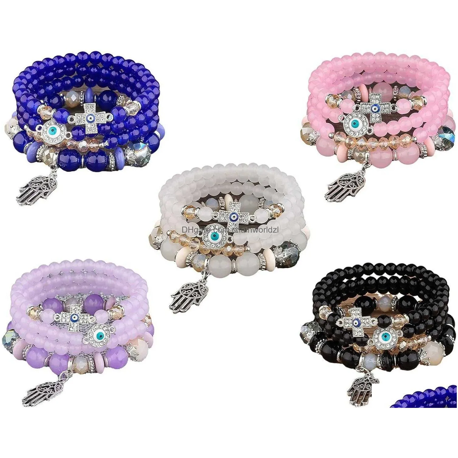 4 sets bohemian stretch beads bracelets multilayer evil eye hamsa hand bracelet boho charms stretch stackable bracelet handmade multicolor crystal beaded lucky