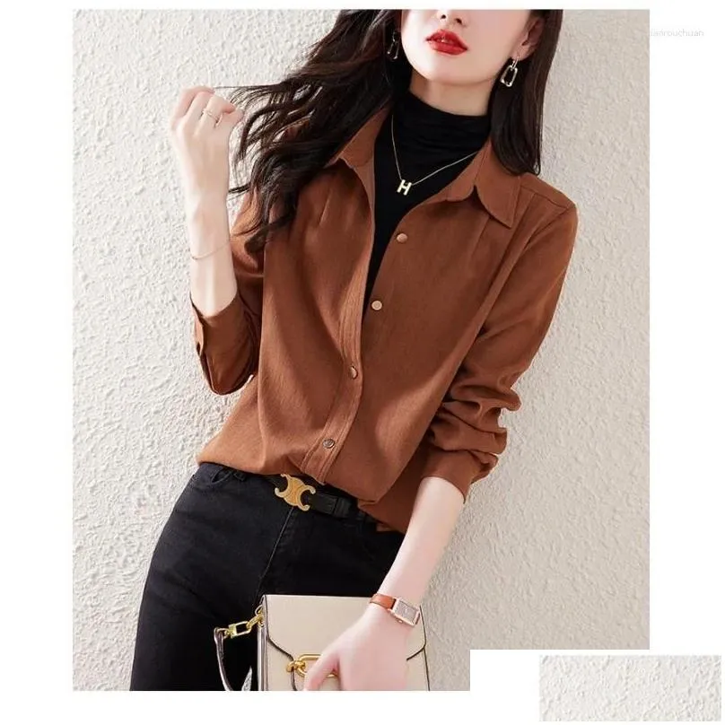 Women`s Blouses Korean Style Casual Turn-down Collar Shirts Fall Winter Girly Long Sleeve Loose Fit Versatile Cropped Blouse QY297