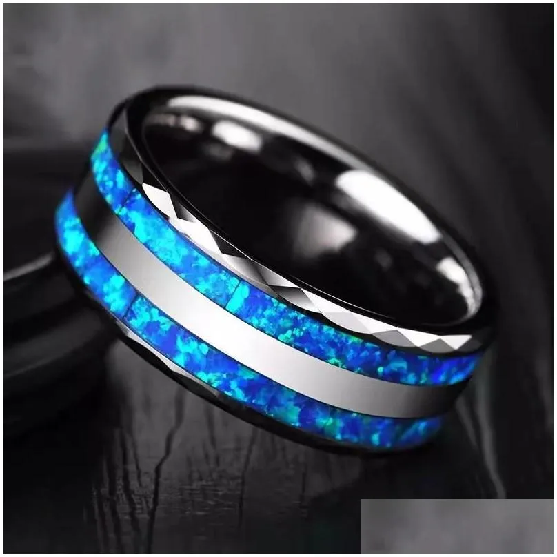 Wedding Rings Wedding Rings 8Mm Mens Siery Blue Opal Inlay Stainless Steel Ring Beveled Eage Colorf Abalone Shell Men Bandwedding Drop Dhgfq