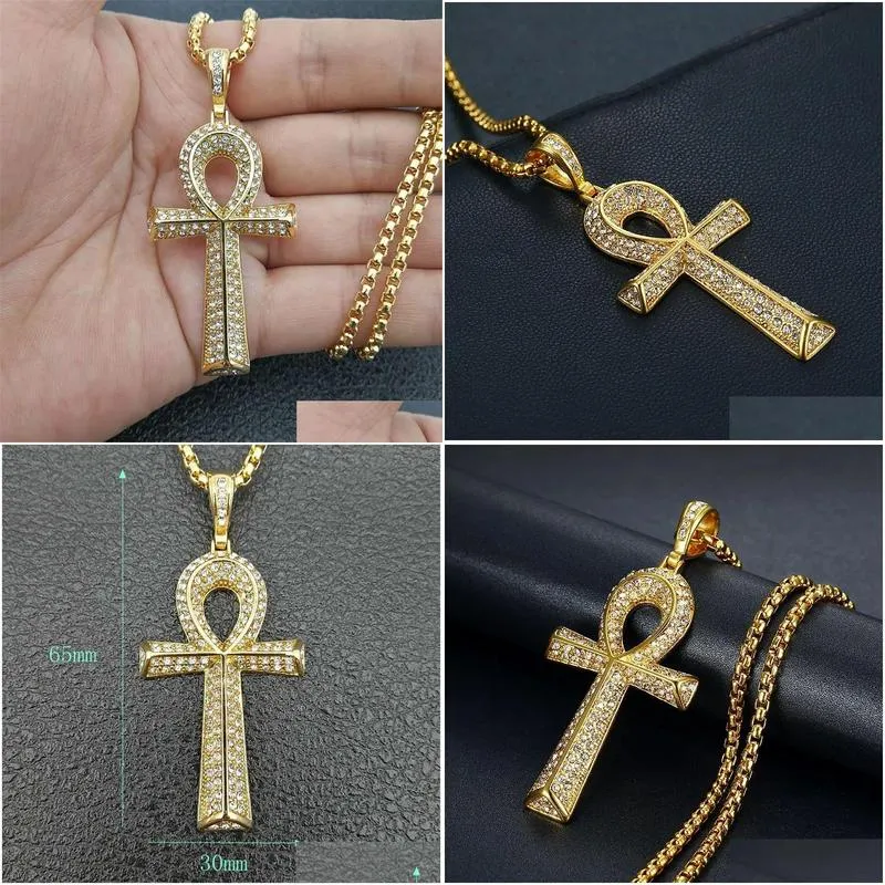 Pendant Necklaces Mens Egyptian Ankh Cross Pendant With 14K Yellow Gold Chain And Iced Out Bling Fl Rhinestones Necklace Hip Hop Egypt Dhvzq