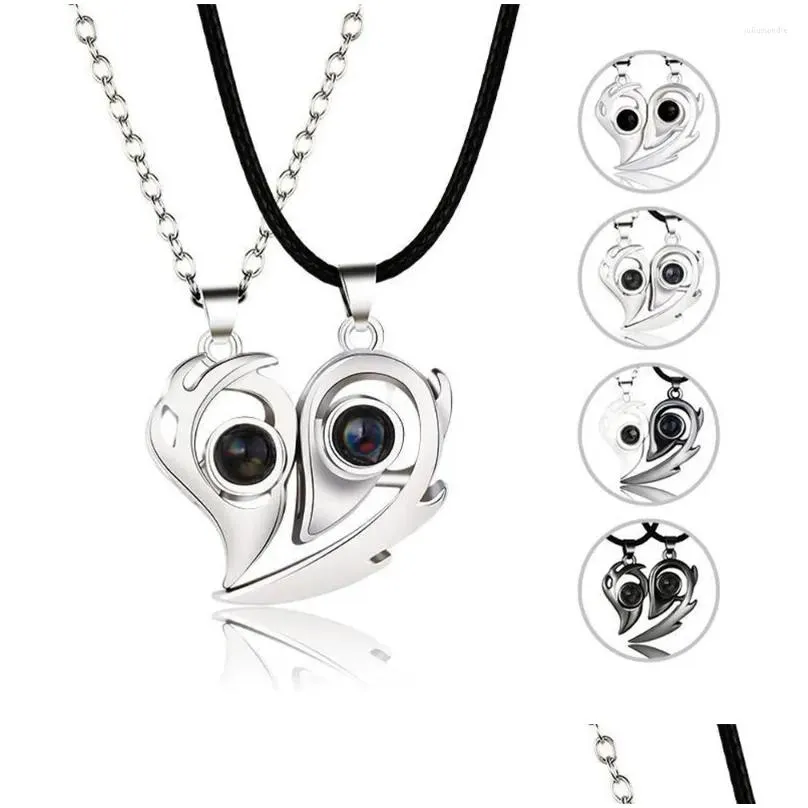 Pendant Necklaces 2PCS Stainless Steel 100 Languages I Love You Projection Magnetic Couple Necklace Heart Shape Jewelry Lover Gifts