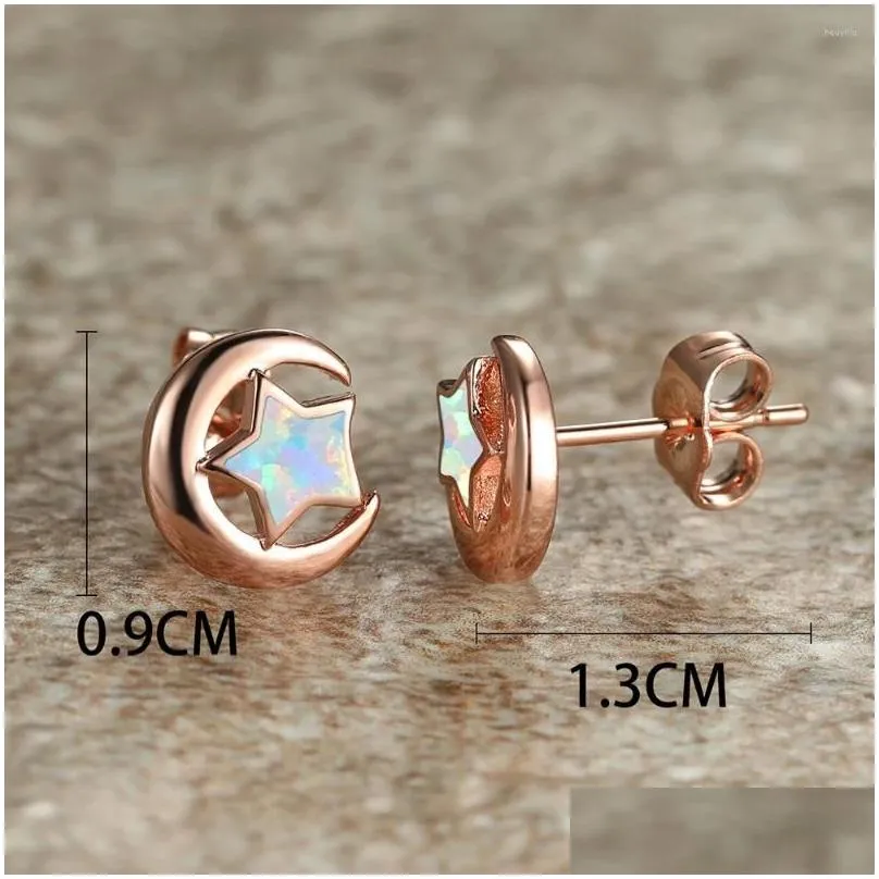 Stud Earrings Romantic Cute Moon Star Rose Gold Color Natural Fire Opal For Women Anniversary Banquet Dainty Jewelry