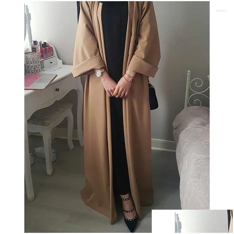 Ethnic Clothing Women Dubai Abaya Kimono Classic Open Front Solid Color Cardigan Belt Long Sleeve Islamic Robe Arabic Turkey Modest