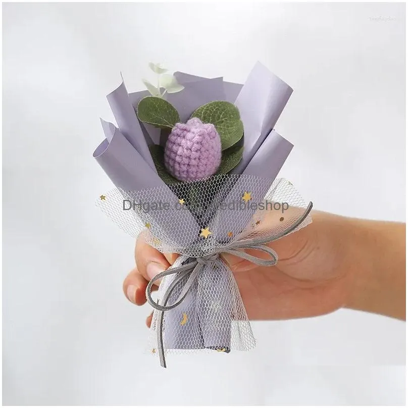decorative flowers creative knit flower bouquet hand woven tulip sunflower rose cloghet hand-knitted wedding party decoration
