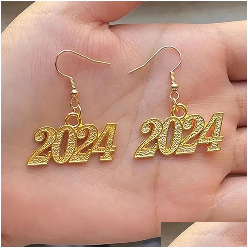 Dangle Earrings Unique Digit 2024 For Women Year Gift Fashion Jewelry Alloy Silver Gold Colour Korean Stud Girls Eardrop Pendant