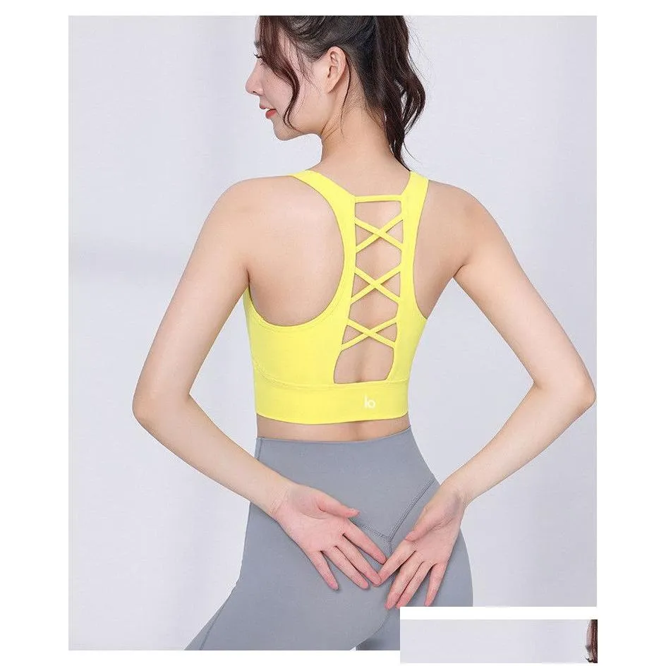 al Women Sports Bra Tops Cew Neck Fintness Ribber Tank Vest Skinfriendly Workout Breathble Crisscross Quick Dry Top Female A003