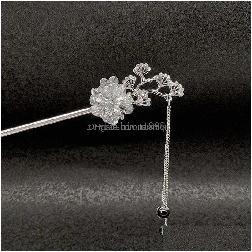 fashion retro metal ink flower hairpin tassel pendant chopstick hair sticks women girls elegant barrette hair styling tools