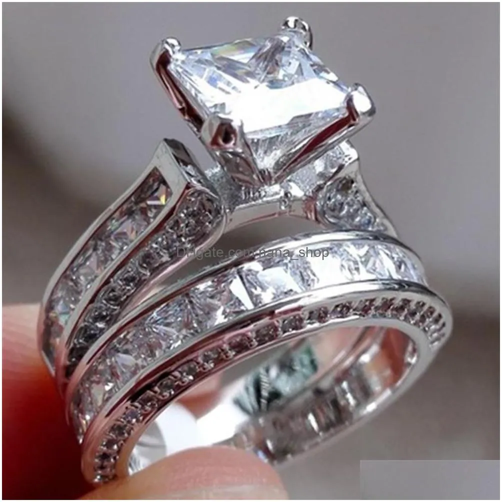 Wedding Rings 2Pcs Lot Sier Double Big Rings Set Engagement For Woman Men Cubic Zirconia Ring Female Ladies Lover Party Wedding Jewelr Dhxet