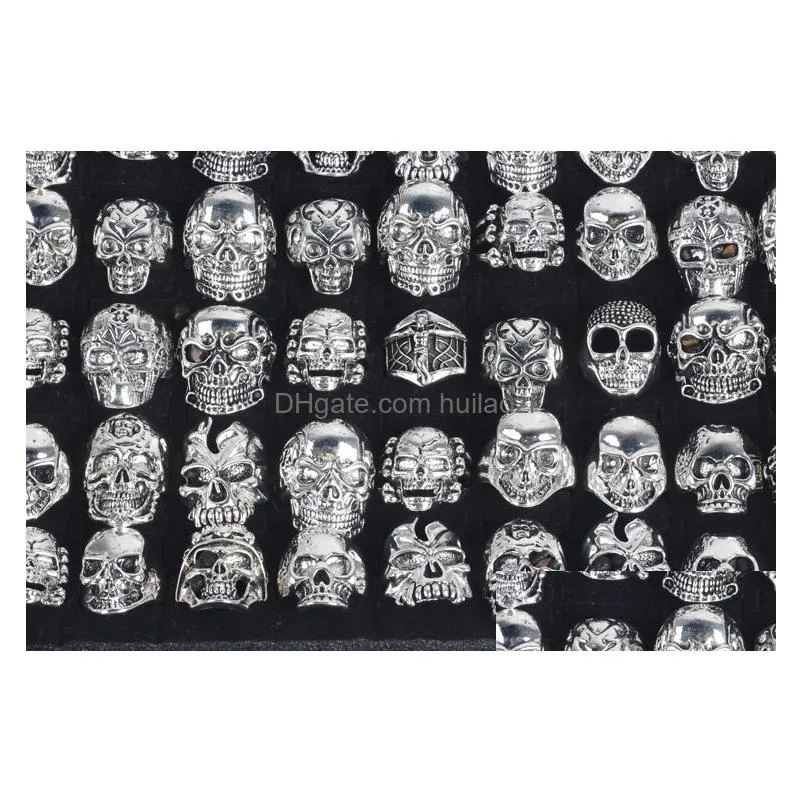 oversize gothic skull carved biker mixed styles lots 50pcs mens anti-silver rings retro jewelry304i