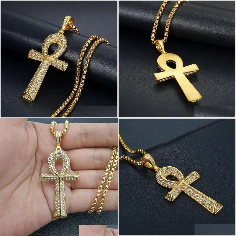 Pendant Necklaces Mens Egyptian Ankh Cross Pendant With 14K Yellow Gold Chain And Iced Out Bling Fl Rhinestones Necklace Hip Hop Egypt Dhvzq