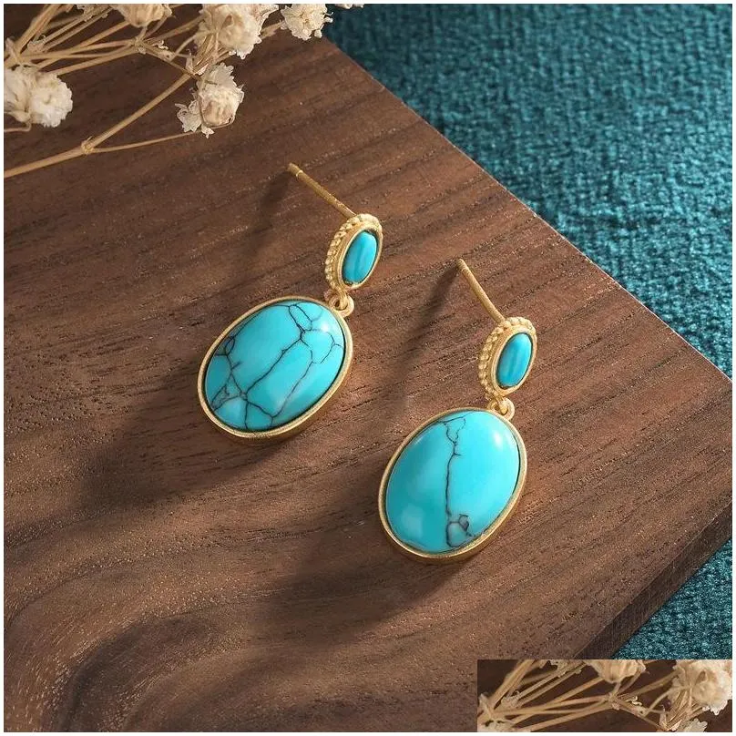 dangle chandelier antique gold craft inlaid turquoise s925 silver earrings womens light luxury jewelrydangle
