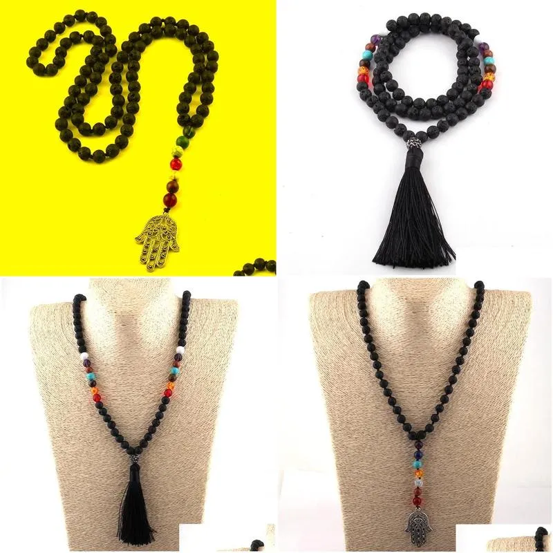 pendant necklaces bohemian jewelry black lava stones tassel fatimas hand charm necklace for women statement necklacespendant