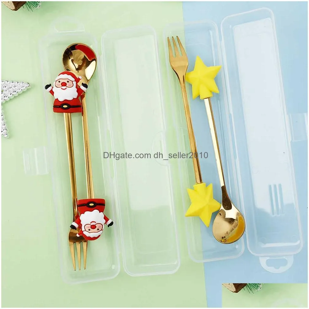 Dinnerware Sets New 2Pcs Christmas Spoon And Fork Stainless Steel Teaspoons Dessert Home Navidad Year Tableware Decor Kids Drop Delive Dhfls