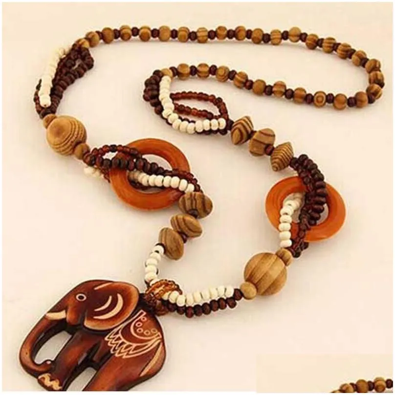 pendant necklaces handmade boho y2k jewelry sweater chain women ethnic style long bead wood elephant necklace price decent shirt