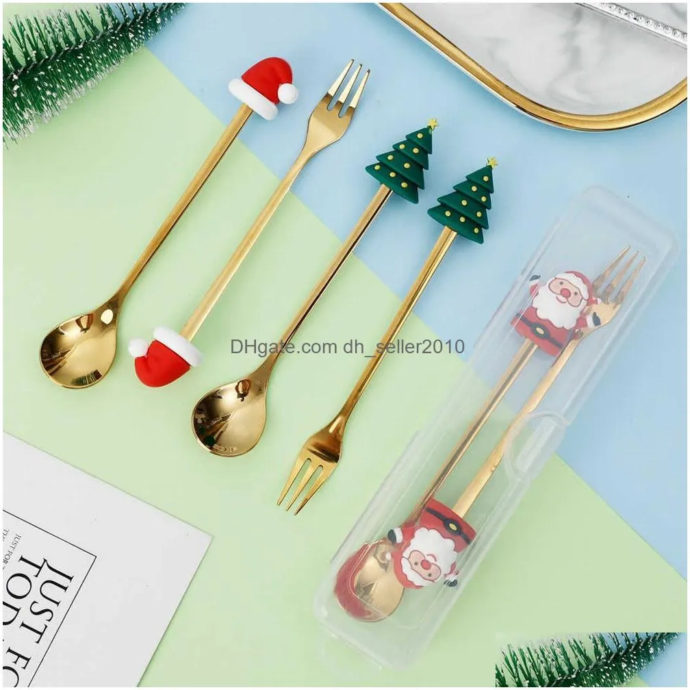 Dinnerware Sets New 2Pcs Christmas Spoon And Fork Stainless Steel Teaspoons Dessert Home Navidad Year Tableware Decor Kids Drop Delive Dhfls