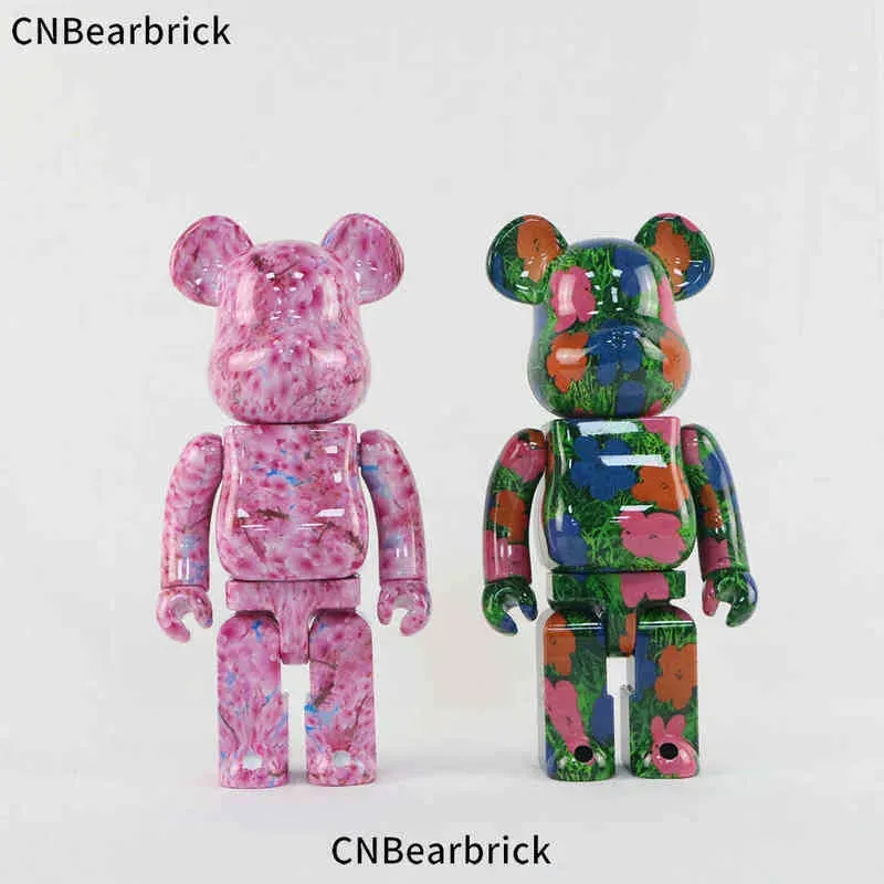 400% Bearbrick Andy Warhol Flower Cherry Blossom Building Block Bear 400% Fashion Doll Violent Bear Ornaments 28cm