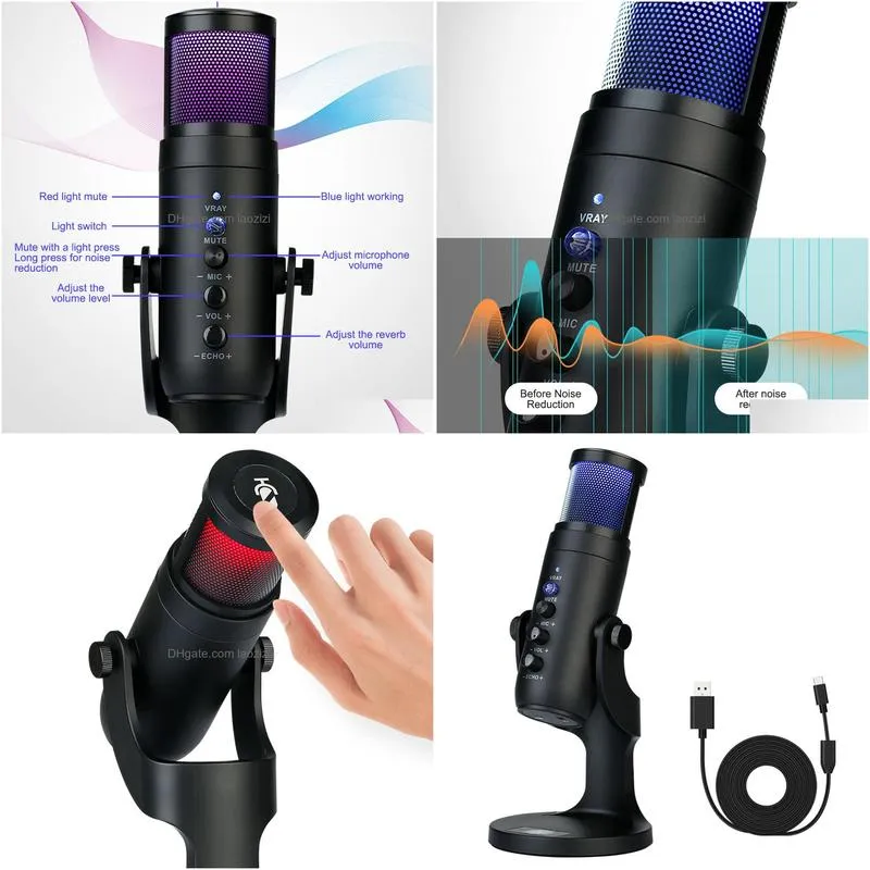 microphones cellphone typec condenser microphone rgb light rotating adjustable dimmable mic sound recording device desktop pc accessories