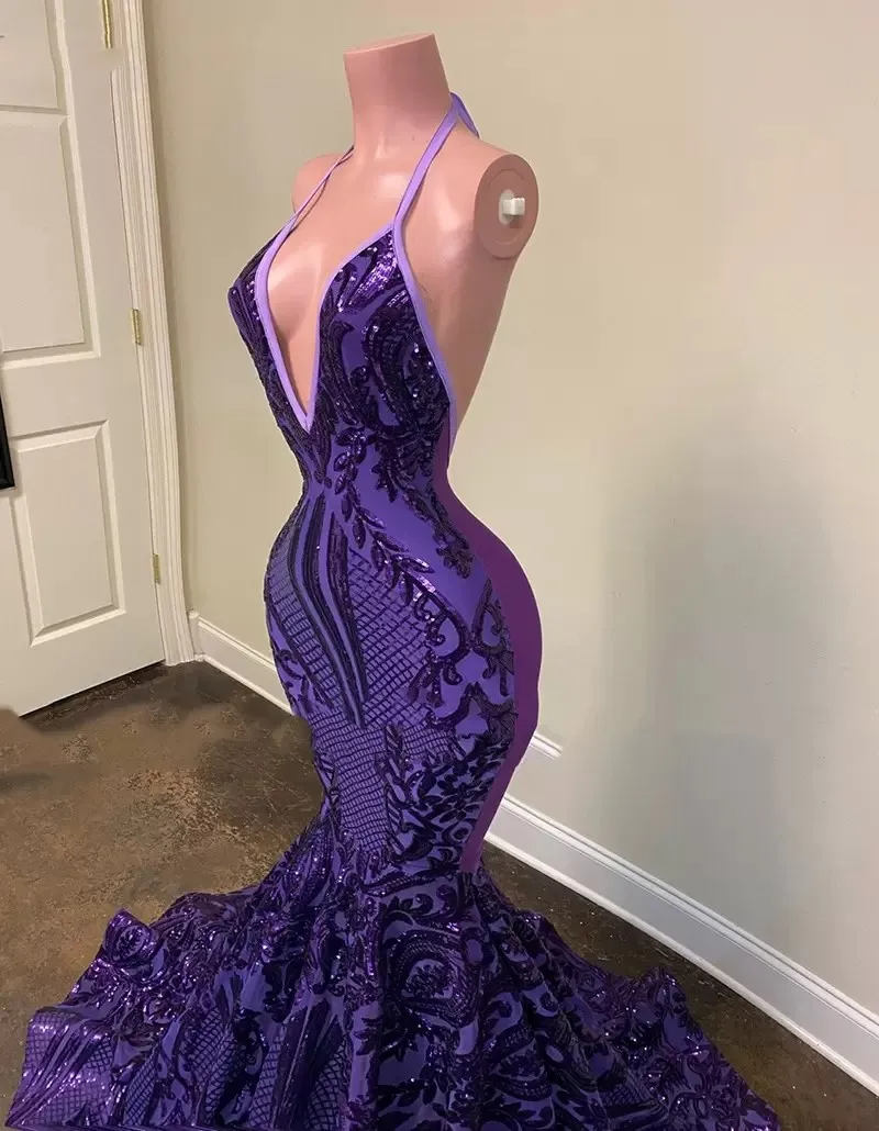 Purple Prom Dresses Sexy Halter Deep V Neck Sleeveless Mermaid Evening Gowns Sequined Lace Backless Arabic Aso Ebi Women Formal Party Wear Vestidos De Festa CL0148