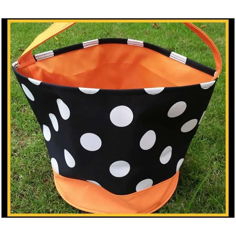 Kids Canvas Halloween Bucket Pumpkin Polka Dot Trick Or Treat Candy Handbag Party Decoration Halloween Basket