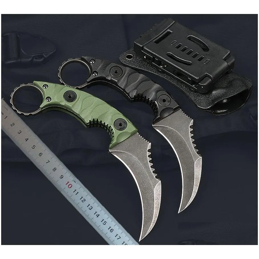 New M7673 Karambit Claw knife D2 Stone Wash Blade Full Tang G10 Handle Outdoor Camping Hiking Fixed Blade Tactical Knives with Kydex