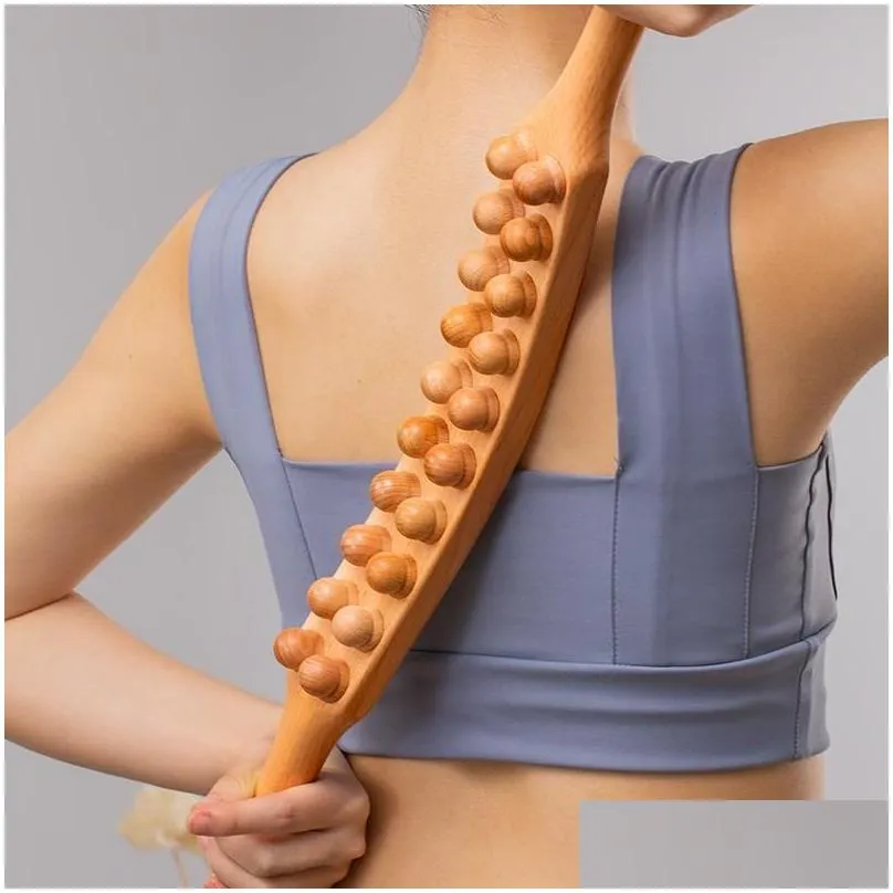 Full Body Massager Fl Body Masr Natural Wood Scra Mas Stick Double Row 20 Beads Back Leg Spa Therapy Tool Point Treatment Gua Sha Drop Dhoc2