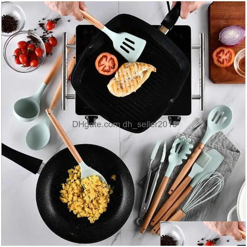 Baking & Pastry Tools New Sile Cooking Tools Set Turner Tongs Soup Spoon Spata Brush Scraper Nonstick Shovel Egg Beater Kitchen Utensi Dh2Dp