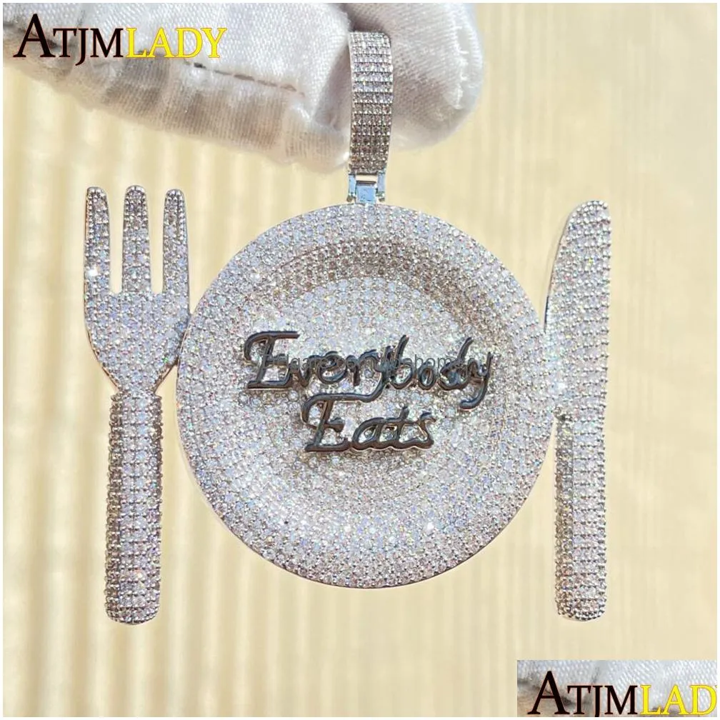 Charms Charms Sparking Bling 5A Cz Everybody Eats Pendant For Men Hip Hop Iced Out Rock Punk Letters Two Tone Gold Plated Necklace Jew Dh8Ip