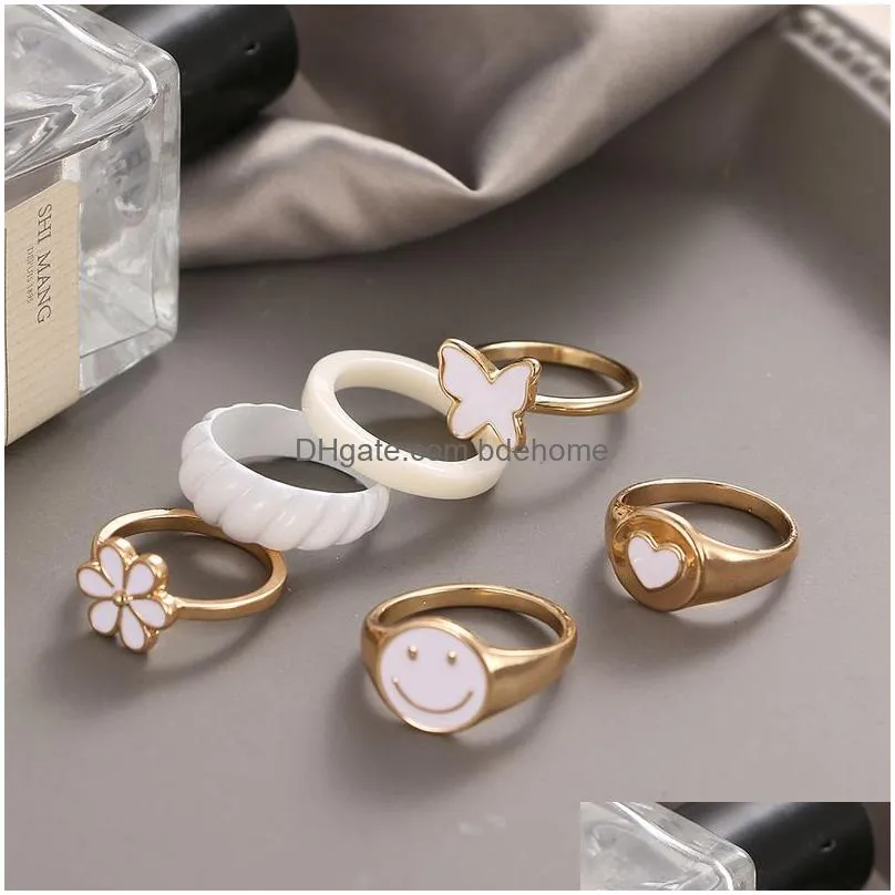 Couple Rings Vintage Heart Rings Set For Women Love Enamel Ring Cute Butterfly Finger Girls Jewelry Gifts Ins Style 220719 Drop Delive Dhsfe