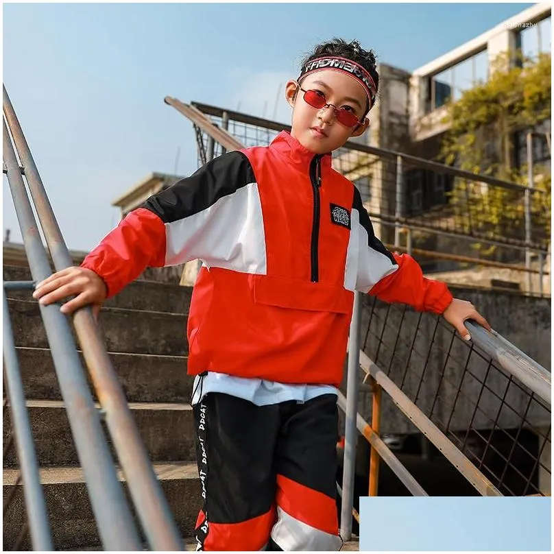 Stage Wear Children`S Jazz Dance Costumes Red Jacket Sweatpants Suit Hip Hop Clothing For Girls Ballroom Modern Dancing Clothes