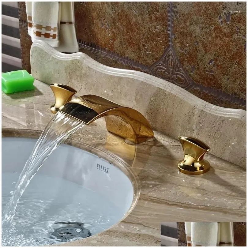 Bathroom Sink Faucets Vidric Luxury LED Color Changing Waterfall Basin Faucet Dual Handles 3 Holes Golden Brass Mixer Tap