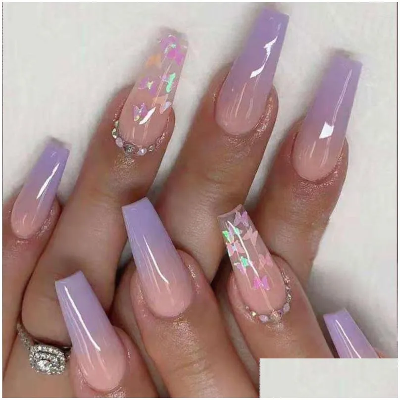False Nails 24 Pieces French NailsGradient Long Ballet Fake Design Pattern Wearable Shiny Rhinestones Simple 20 Z6F5