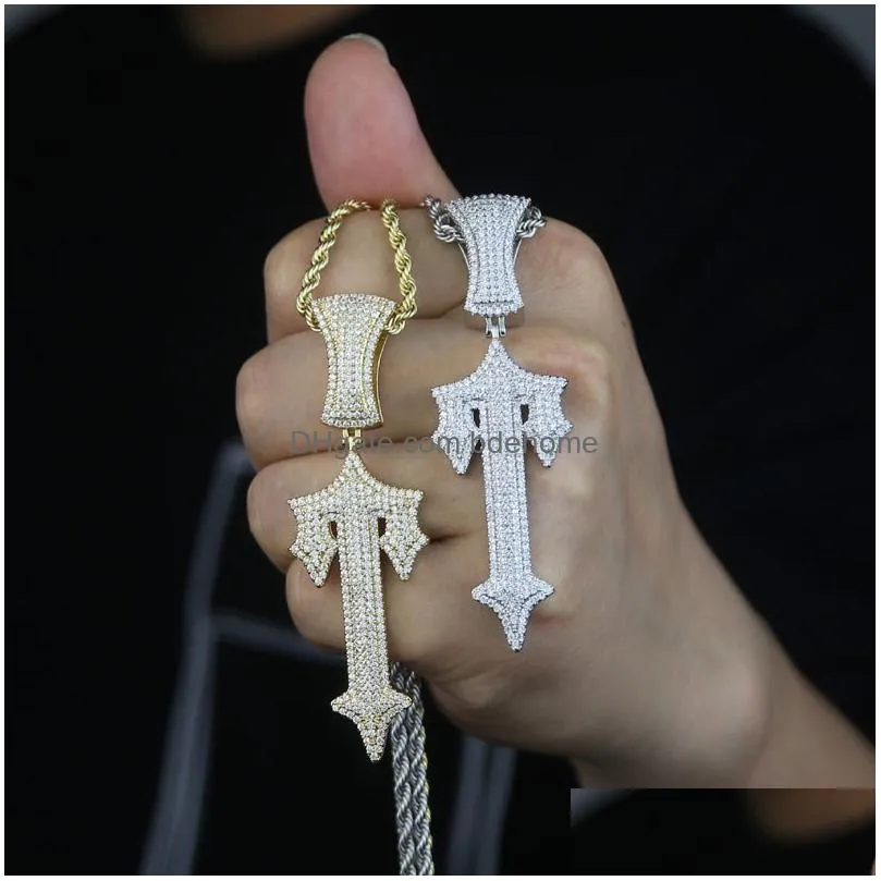 Charms Charms Fl Paved Bling 5A Cubic Zirconia Cz Iced Out Cross Sword Pendant Necklace For Men Boy Hip Hop Fashion Letter Jewelry Dro Dhqlr