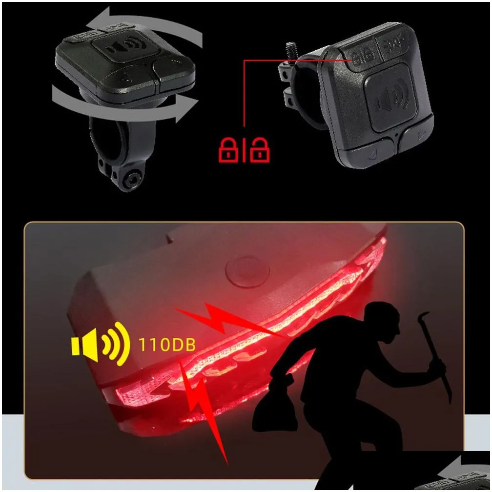 Bicycle Alarm Taillight Lights Anti Theft USB Rechargeable Waterproof Turn Signal Warning Brake Light8174344