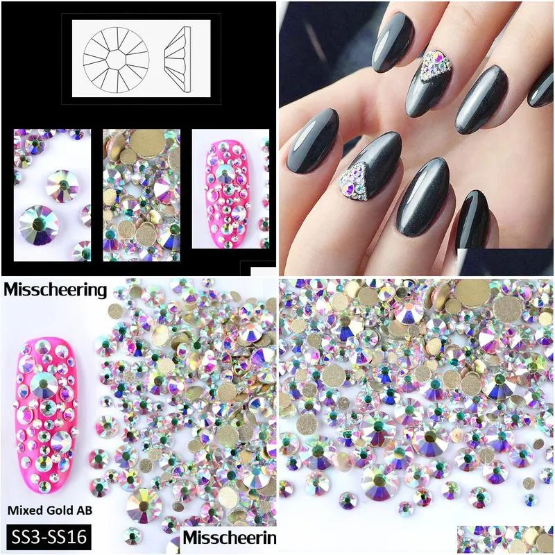 Nail Art Decorations 1Pack Mixedss3-Ss16 Crystal Ab Nail Art Rhinestones Non Fix Glitter Decorations Gold Flatback Glass Manicure Acce Dhhck