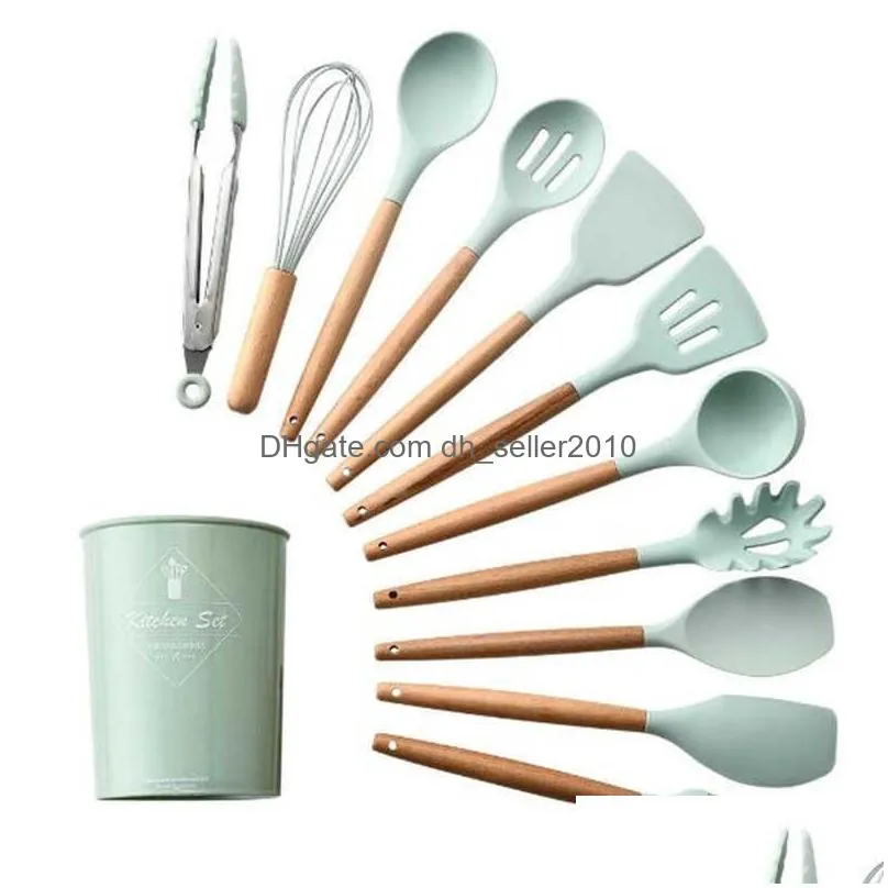 Baking & Pastry Tools New Sile Cooking Tools Set Turner Tongs Soup Spoon Spata Brush Scraper Nonstick Shovel Egg Beater Kitchen Utensi Dh2Dp