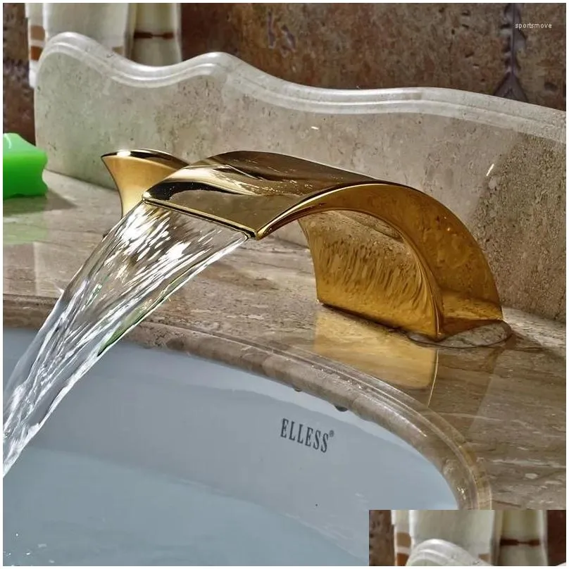 Bathroom Sink Faucets Vidric Luxury LED Color Changing Waterfall Basin Faucet Dual Handles 3 Holes Golden Brass Mixer Tap