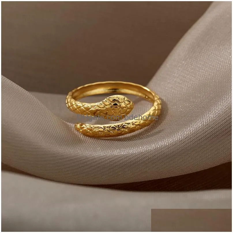 Couple Rings Snake Rings For Women Men Stainless Steel Gold Sier Color Finger Ring Vintage Gothic Homme Aesthetic Jewelry Anillos Muje Dhxip