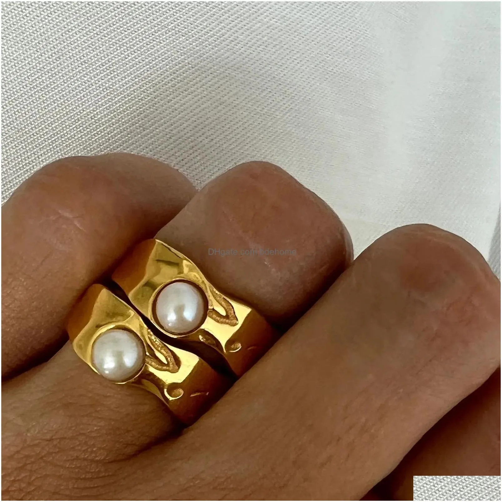 Band Rings Band Rings Uworld 18K Gold Pvd Plated 316L Stainless Steel Finger Chunky Wedding Statement Jewelry Shell Freshwater Pearl Z Dhad6