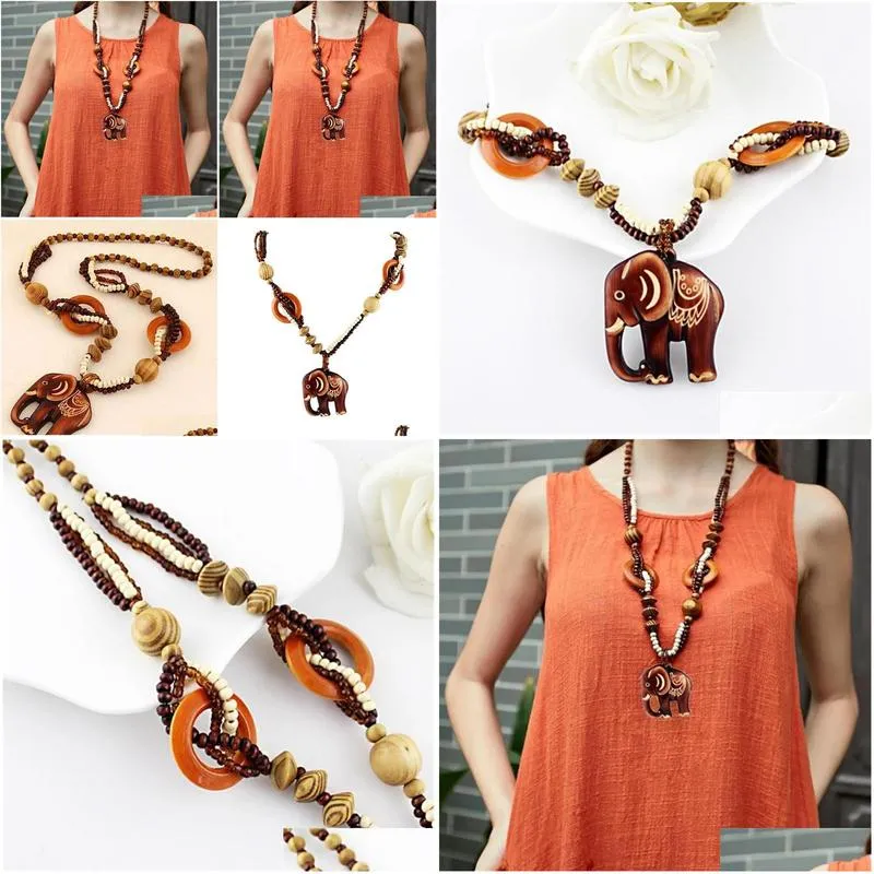 pendant necklaces handmade boho y2k jewelry sweater chain women ethnic style long bead wood elephant necklace price decent shirt