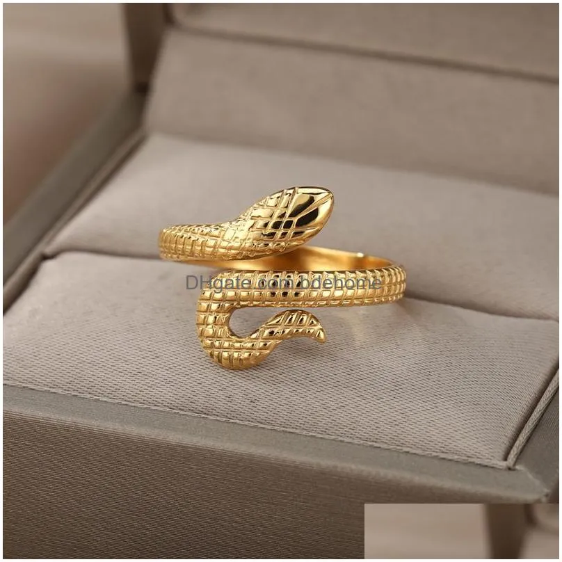 Couple Rings Snake Rings For Women Men Stainless Steel Gold Sier Color Finger Ring Vintage Gothic Homme Aesthetic Jewelry Anillos Muje Dhxip