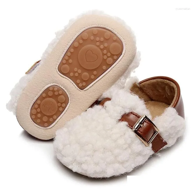 First Walkers Baby Girls Cute Moccasinss Belt Buckle Soft Sole Fleece Plush Flats Shoes Non-Slip Fall Winter Princess