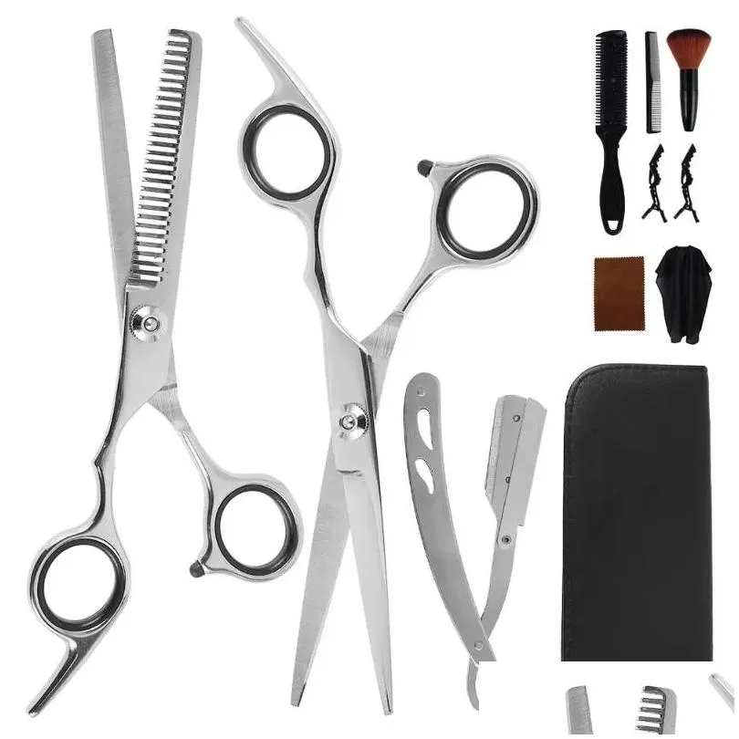 Hair Scissors 11Pcs Professional Hairdressing Scissors Kit Hair Cutting Set Trimmer Shaver Comb Cleaning Cloth Barber Hairdresser Salo Dhitf