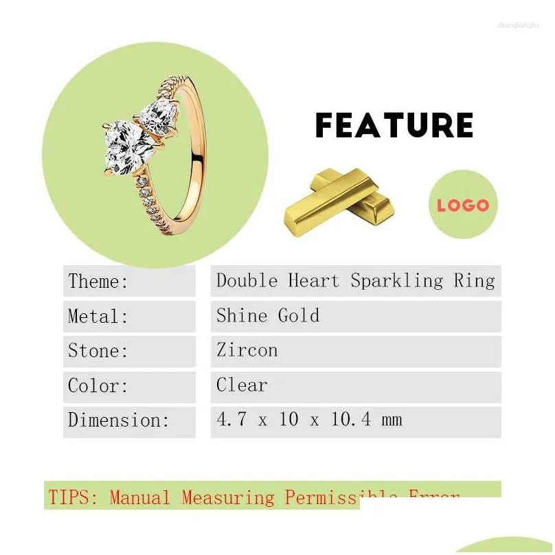 cluster rings shine gold signature double hearts stack finger for women wedding bands jewelry clear cubic zircon stone mothers day